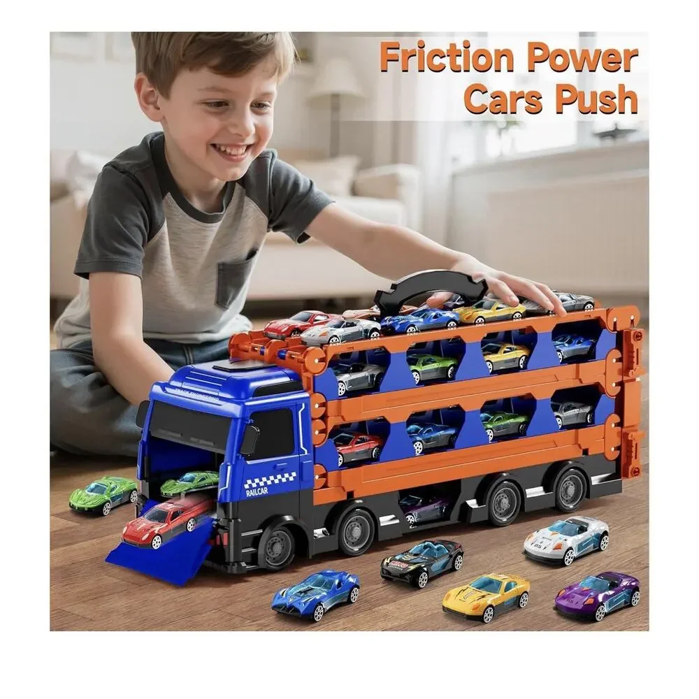 78 Inch Race Track Truck W/ 12 Metal Cars Foldable Carrier Toy Transport Vehicle
